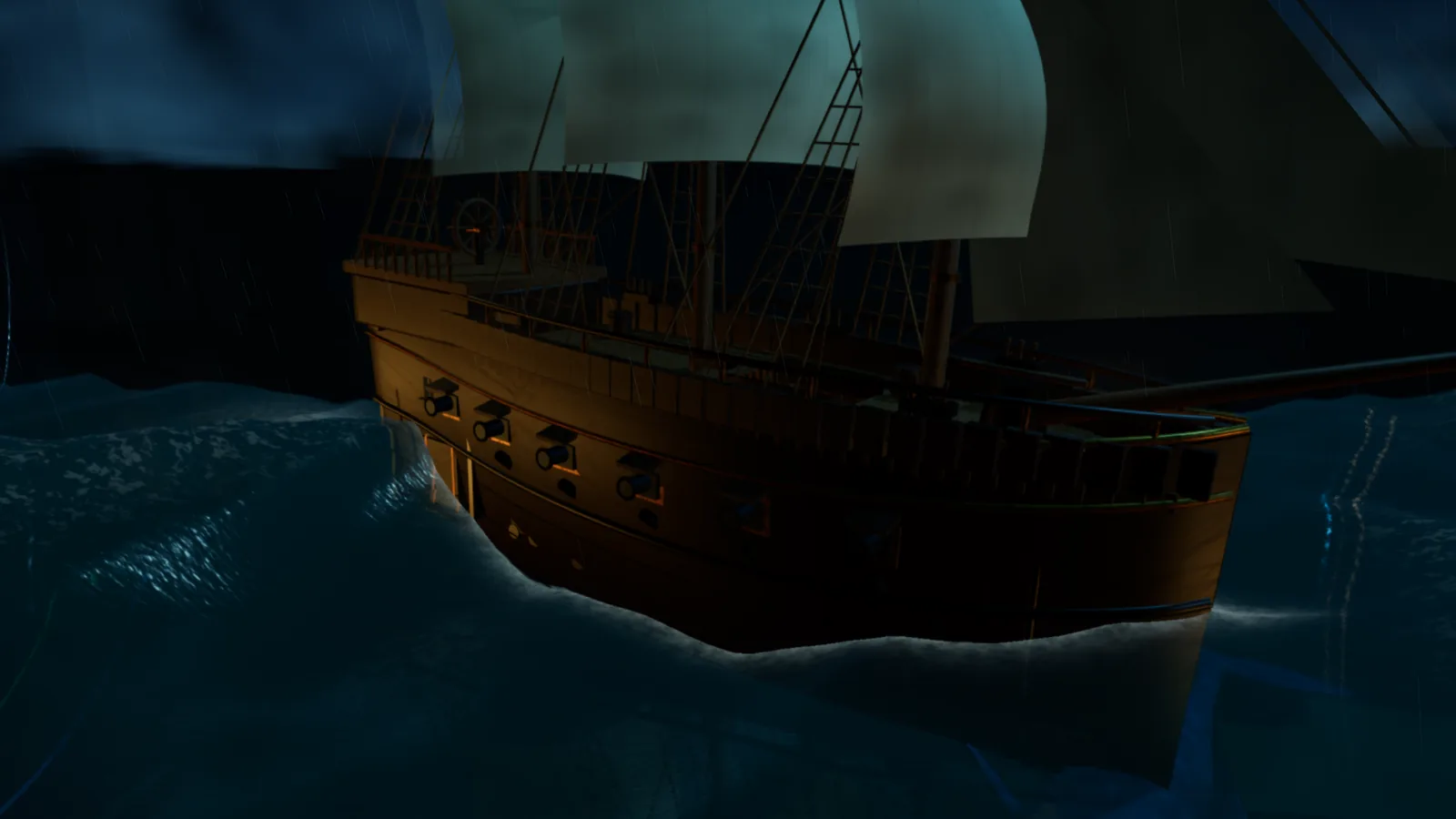 The Asterion's oak hull and sails riding a storm wave inside the bottle